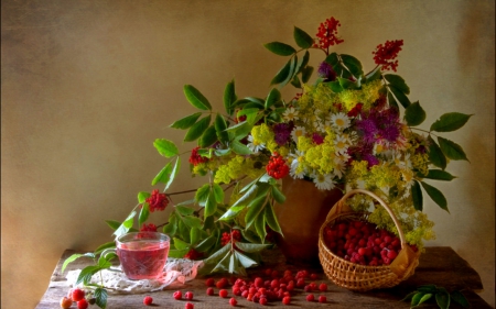 Still life - flowers, fruits, basket, still life