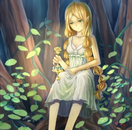 Rose Candles - pretty, anime, female, maiden, dress, blonde, blond hair, green eyes, forest, light, plant, long hair, animegirl, blond, sparks, nice, beautiful, hot, girl, sundress, blonde hair, beauty, lovely, sweet, glow, braids, lady, cute, sexy