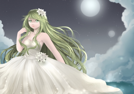 â™¡ Maiden â™¡ - gown, cute, maiden, beautiful, hot, sublime, anime girl, girl, elegant, lady, gorgeous, green hair, pretty, beauty, green eyes, sweet, anime, night, dress, sky, long hair, divine, nice, lovely, sexy, moon, female