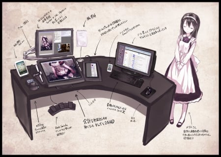 Anime - computer, anime, girl, room