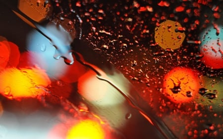 RAINY NIGHT'S LIGHTS - abstract, bokeh, water, drops, photo, cool, fantasy art, colorful, red, rain, macro, texture, close up