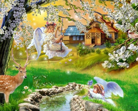 Little Angels - angels, swing, tree, house, flowers, playing, deer, little