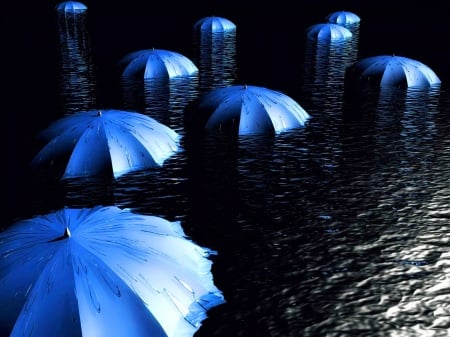 FLOATING UMBRILLAS - photos, abstract, umbrillas, blue, HD, 3D, cool, fantasy, black background, surreal, rain, art