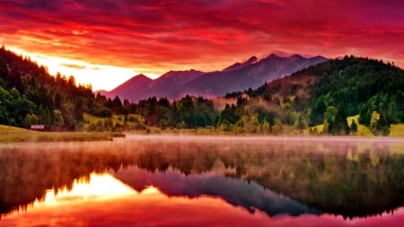 Mountain sunset - lakeshore, nice, sundown, riverbank, colorful, sunset, mirrored, calm, amazing, quiet, pretty, reflection, river, house, lake, mountain, lovely, serenity, nature, glow, tranquil, beautiful, cabin, colors