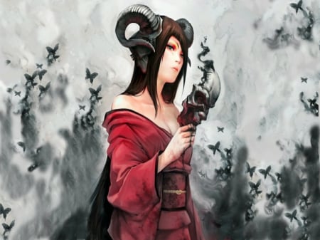 The Lady The Mask - mask, long hair, kimono, darkness, horns