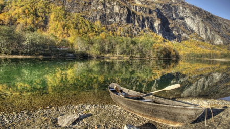 old wooden rowboat at a lake in norway - shoe, boat, lake, forest, reflection, mountain