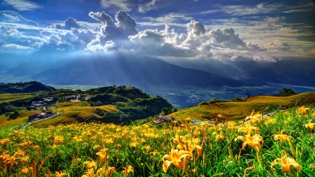 sunbeams over a gorgeous valley - mountains, clouds, sunbeams, valley, flowers, village