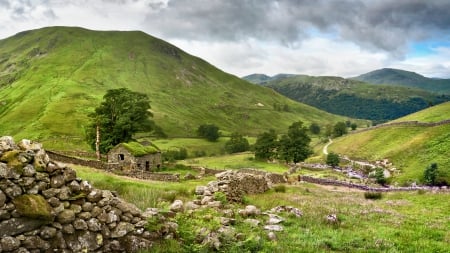 stone cabin among stone walls in the valley - valley, hills, fences, stones, cabin, grass