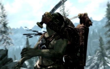 Scimitar Sneak attack - orc, curved swords, Skyrim, throat slit