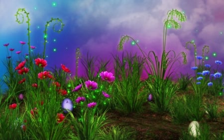 Dreamflowers  - road, eggs, cloud, pink, red, beautiful, flowers, sparkles, grass