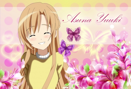 Happiness - pretty, female, blossom, happy, yuuki, sword art online, sao, nice, abstract, asuna, yuuki asuna, beauty, enjoy, flower, excited, butterfly, cute, floral, anime, kawaii, long hair, joy, sparks, anime girl, beautiful, girl, lovely, brown hair, sweet, glow, braids, smile, asuna yuuki