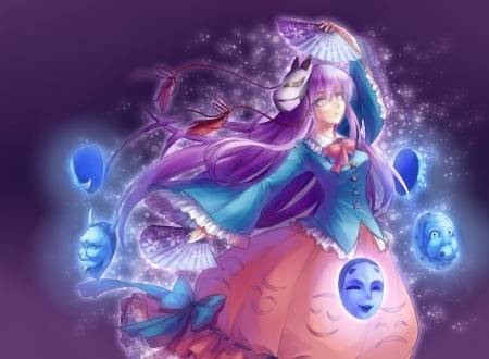 Hata no Kokoro - anime, female, dress, mad, light, gloomy, evil, long hair, scary, gloom, touhou, purple, mask, horror, hata no kokoro, sparks, scare, purple hair, creepy, anime girl, creep, hot, girl, fan, glow, angry, cute, sexy, eerie