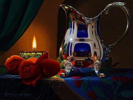 Still Life - roses, candle, light, reflection, jug