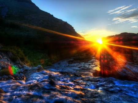 Sunset at Glacier National Park, Montana, USA - river, landscape, Sun, mountains, stones