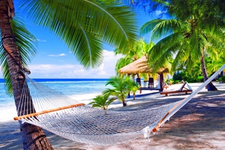 Tropical rest - relax, summer, cabin, sandsm sea, beach, shore, exotic, nice, hut, sky, palms, water, beautiful, hammock, lovely, ocean, rest, tropics, nature, tropical