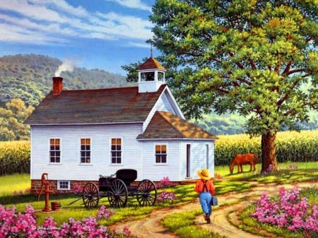 Just in time - summer, village, quiet, cottage, time, countryside, colorful, path, flowers, spring, serenity, peaceful, art, sky, freshness, house, trees, painting, calm, boy