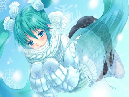 Snow Miku - Cute, Vocaloid, Hatsune Miku, Winter, Blue Eyes, Anime, Girl, Long Hair, Snow, Cold, Blue Hair