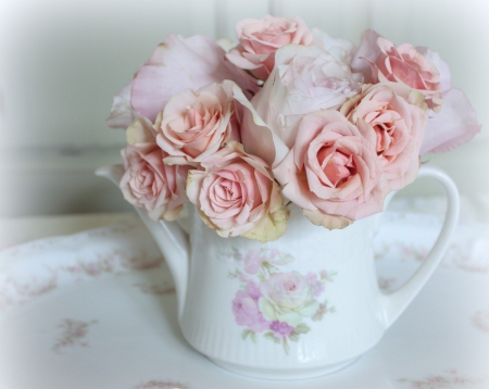 teapot of pink roses - flowers, still life, roses, teapot