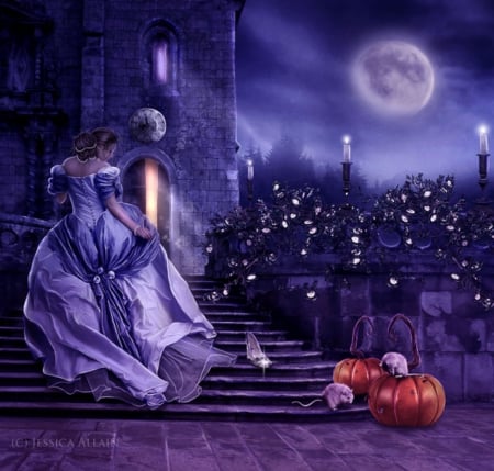 CINDERELLA - MOON, CINDERELLA, PUMPKINS, DRESS, FEMALE, CASTLE, NIGHT, FAIRYTALE