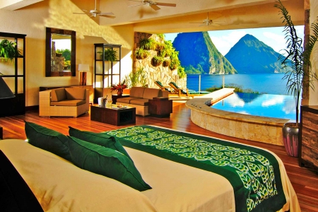 Beautiful View - St Lucia Paradise Island Caribbean West Indies - paradise, room, hotel, view, west indies, suite, mountain, islands, swimming, tropical, caribbean, exotic, luxury, beautiful, island, st lucia, pool