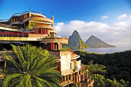 Beautiful View - St Lucia Paradise Island Caribbean West Indies - paradise, hotel, villa, view, modern, west indies, architecture, building, ocean, mountain, palm tree, vista, islands, tropical, exotic, caribbean, luxury, beautiful, st lucia, island, sea, mid century