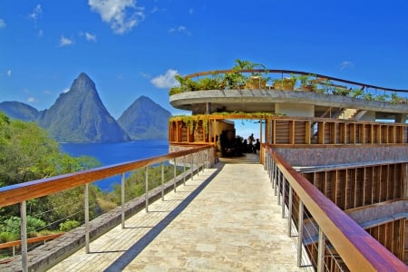 Beautiful View - St Lucia Paradise Island Caribbean West Indies - paradise, mountains, hotel, view, modern, west indies, architecture, ocean, building, vista, islands, tropical, exotic, caribbean, luxury, beautiful, island, st lucia, sea, mid century