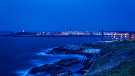 entering a harbor of a spanish city at night - harbor, city, night, shore, sea, lights