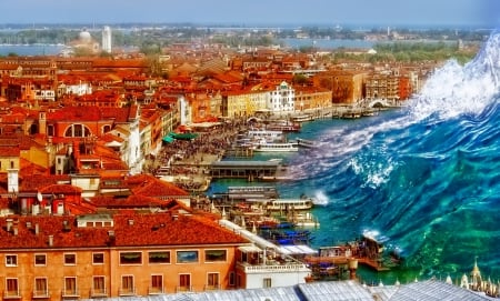 Tsunami - blue, hdr, tsunami, sea, city, houses, photo