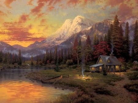 cottage by the lake - trees, snow, lake, mountains, cottage, campfire