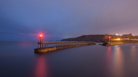 beacons on piers in a still night - beacons, night, sea, piers, lights, coast