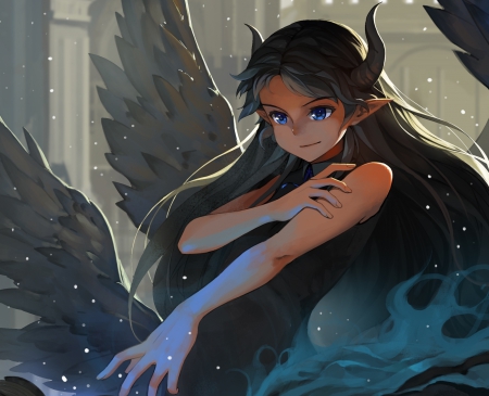 Demonic Wings - black, anime, female, wings, girl