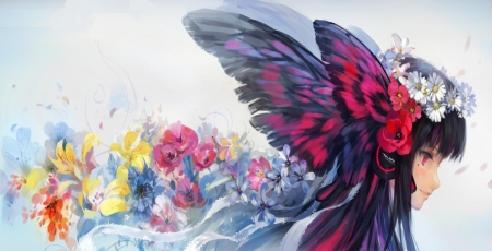 Vocaloid - beauty, butterflie, white, purple, yellow, multicolor, green, anime, cute, girl, long hair, lovely, beautiful, headphones, red, blue, flowers, sweet