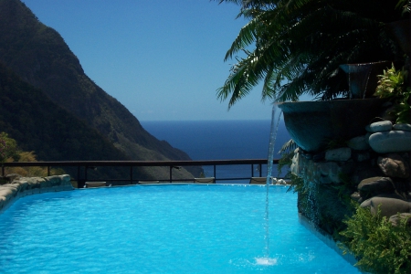 Paradise Resort in the Mountains overlooking Ocean St Lucia Caribbean - swimming pool, paradise, water, hotel, mountains, waterfall, view, hot tub, west indies, resort, ocean, vista, islands, tropical, exotic, caribbean, luxury, jacuzzi, st lucia, island, spa, sea