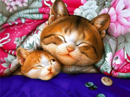 Small vs Big - pretty, wink, comfortable, silly, bed, animal, kitten, button, hd, nice, sleeping, realistic, lovely, sweet, cat, cg, sleep, funny, cute, adorable, 3d, kitty