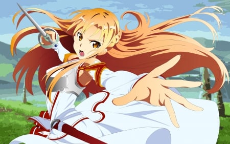 Yuuki Asuna - nice, female, hot, brown eyes, knight, anime girl, angry, sao, blade, armor, brown hair, pretty, sinister, yuuki, anime, yuuki asuna, sword, sword art online, cute, sexy, mad, asuna, girl, warrior, long hair, gown, lovely, weapon, sweet, asuna yuuki, serious, dress