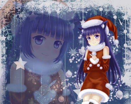 Winter Neko - cute, abstract, anime girl, adorable, girl, christmas, winter, pretty, kawaii, neko nekomimi, sweet, anime, purple hair, long hair, merry christmas, nice, neko mimi, lovely, star, female, snow