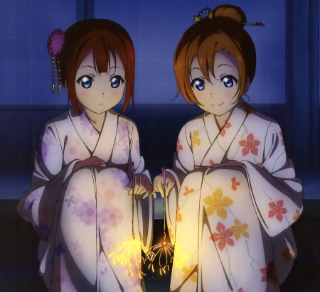 FireWorks - cute, anime girl, girl, sparks, fireworks, light, glow, pretty, kawaii, sweet, anime, yukata, night, nice, lovely, kimono, female