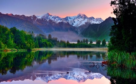 Mountain lake in New Zealand - sky, trees, clear, sunset, mirrored, rocks, crystal, amazing, quiet, reflection, calmness, cliffs, lake, new zealand, mountain, shore, peaks, serenity, nature, tranquil