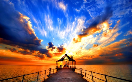 Pier at dusk - summer, amazing, light, golden, nice, sky, clouds, water, beautiful, sea, lovely, dock, pier, glow, colorful, nature, sunset, fiery, dusk, shine