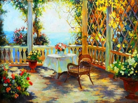 Porch on the south coast - pretty, relax, summer, coast, terrace, flowers, porch, view, lake, nice, art, south, vase, beautiful, sea, table, beauty, lovely, rest, chair, nature, picture, painting, arch