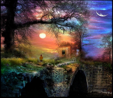 Fantasy Landscape - loghut fragments, moon, canal, tree, sunset, sun, night, stairs