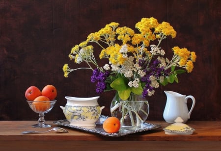 Still Life - flowers, vase, fruits, jug