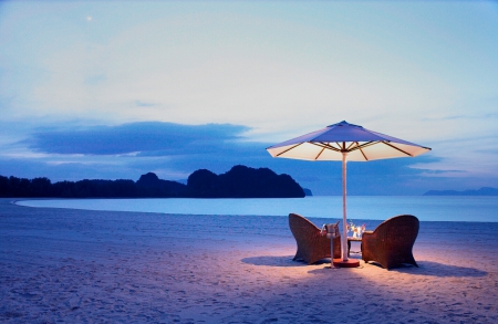 Tanjung Beach, Langkawi, Malaysia - evening, sea, light, sand, white, umbrella, Peaceful, cliff, armchairs, rocks