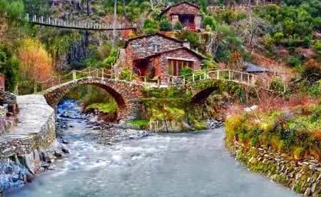 Houses - river, trees, hdr, houses, photo, bridge