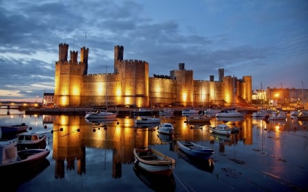 Castle - lamps, river, photo, castle, night, blue