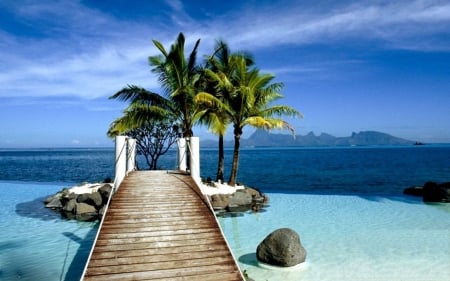 Wonderful Tahiti - clouds, palms, sea, mountains, stones, pier