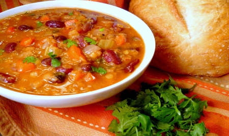 Mexican Red Lentil Bean Soup - red, broth, mexican, bean, soup, abstract, bowl, onion, lentil, bread