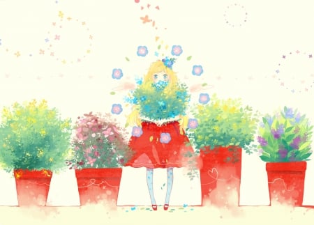 ~Garden Angel~ - pots, pretty, flowers, blonde, anime, wings, red skirt, blue eyes, angel, colorful