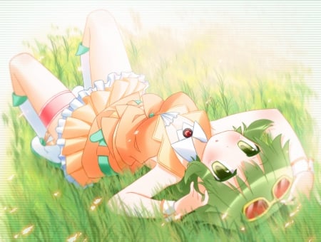 Soaking Up The Sun - pretty, vocaloid, anime, gumi, green hair, grass, short hair, orange outfit