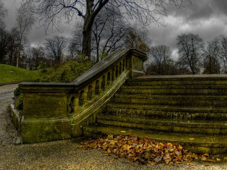 	dark autumn day - dark, leaves, day, stairs, autumn